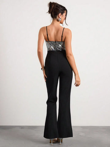 Glamine Women's Sequined Patchwork Waist-Baring Elegant Sexy Jumpsuit New Year's Party