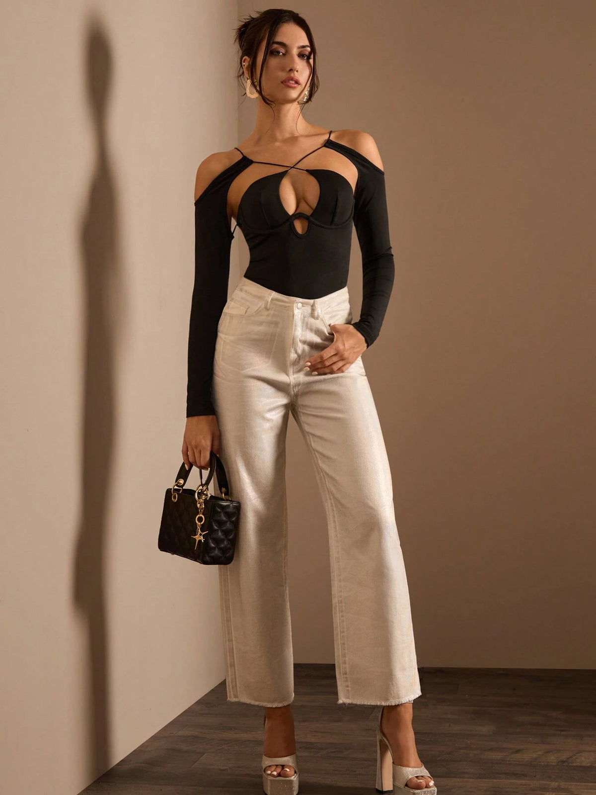 Glamine Women's Solid Color Hollow Out Long Sleeve Bodysuit, Casual For Everyday Wear