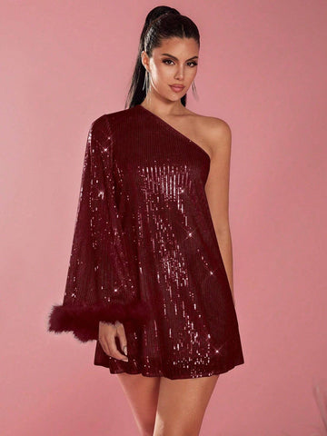 Glamine Women's Solid Color Off-Shoulder Long Sleeve Fluffy Patchwork Casual Mini Dress