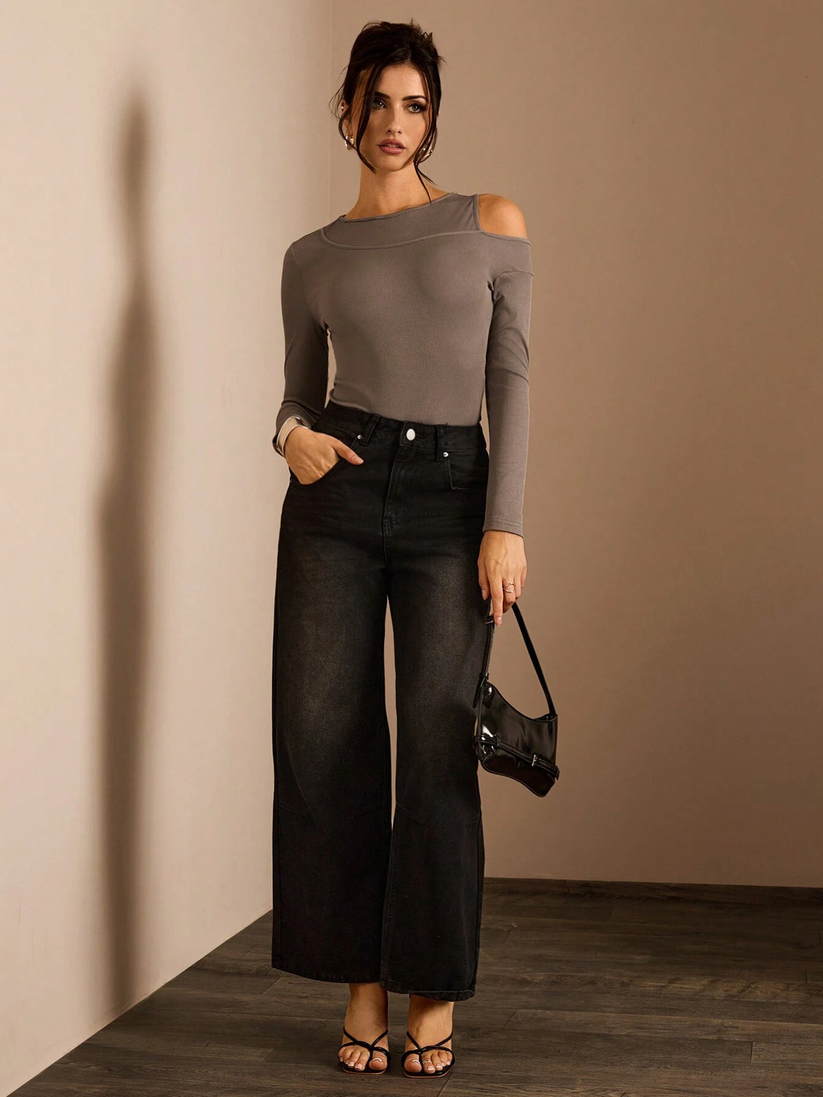 Glamine Women's Solid Color Open Shoulder Long Sleeve Bodysuit, Casual & Fashionable For Everyday Wear