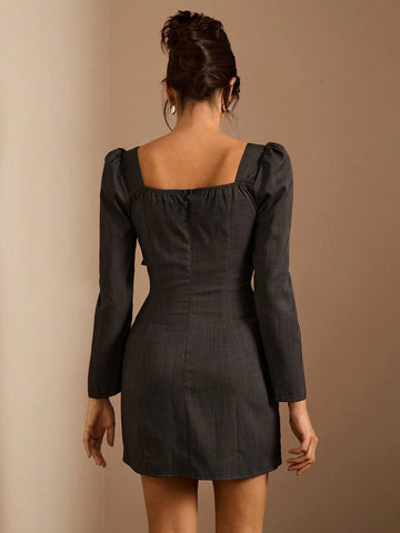 Glamine Women's Solid Color Sweetheart Neck Puff Sleeve Front Tie Elegant Mini Dress