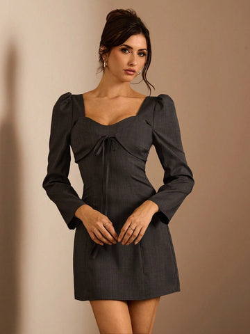 Glamine Women's Solid Color Sweetheart Neck Puff Sleeve Front Tie Elegant Mini Dress