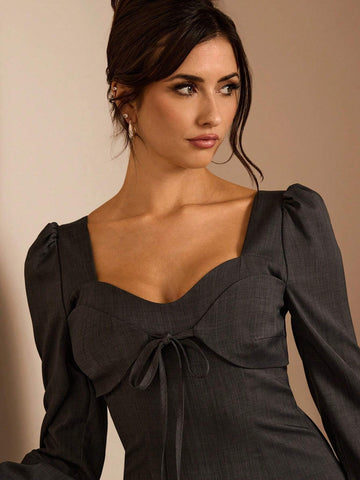 Glamine Women's Solid Color Sweetheart Neck Puff Sleeve Front Tie Elegant Mini Dress