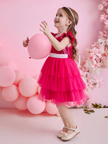 Kids 4-Season Girls' Banquet Party Princess Dress, Fuchsia Sequined Mesh Tulle Dress, Lovely Performance Costume