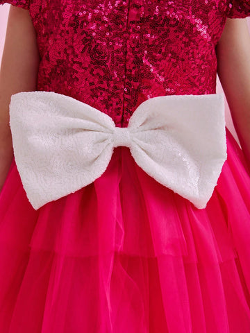 Kids 4-Season Girls' Banquet Party Princess Dress, Fuchsia Sequined Mesh Tulle Dress, Lovely Performance Costume