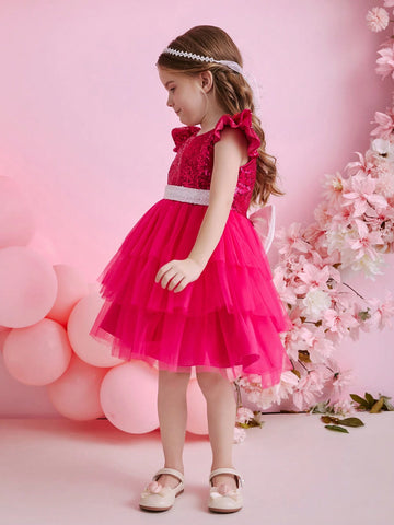Kids 4-Season Girls' Banquet Party Princess Dress, Fuchsia Sequined Mesh Tulle Dress, Lovely Performance Costume