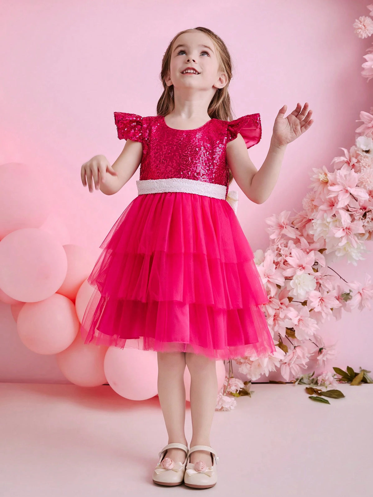 Kids 4-Season Girls' Banquet Party Princess Dress, Fuchsia Sequined Mesh Tulle Dress, Lovely Performance Costume