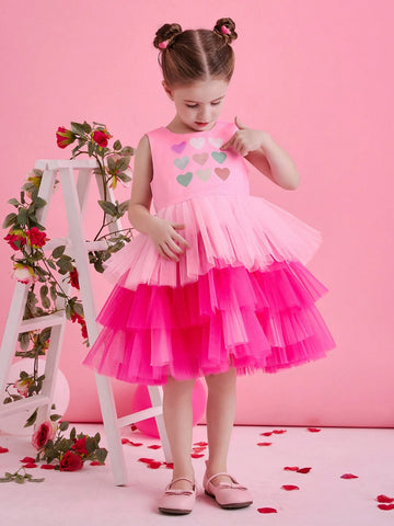 Girls Festive Party & Performance Dress, Colorful Tulle Hem Cake Skirt, Gentle Sweet Cute Banquet Gown