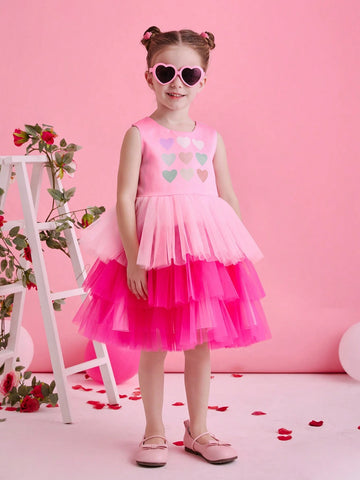 Girls Festive Party & Performance Dress, Colorful Tulle Hem Cake Skirt, Gentle Sweet Cute Banquet Gown