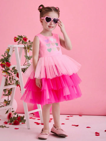 Girls Festive Party & Performance Dress, Colorful Tulle Hem Cake Skirt, Gentle Sweet Cute Banquet Gown