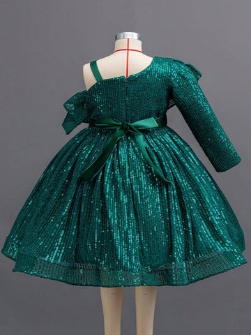 Kids Christmas Holiday 4-Season Little Girls Sequin Oblique Shoulder Long Sleeve Party Dress For Special Events, Green Princess Gown