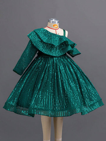 Kids Christmas Holiday 4-Season Little Girls Sequin Oblique Shoulder Long Sleeve Party Dress For Special Events, Green Princess Gown