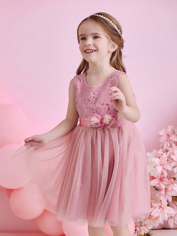 Glamorique Kids Christmas Party Girls Young Girl Dress, Mesh Lace Material Layered Ruffle Skirt, V-Neck With Sash Design