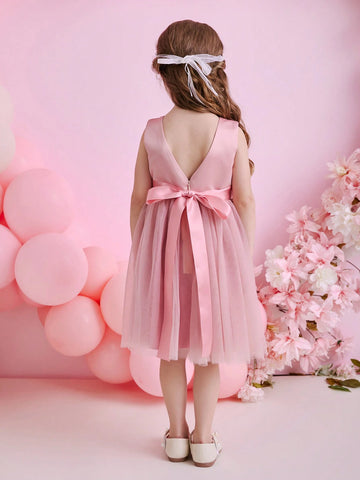 Glamorique Kids Christmas Party Girls Young Girl Dress, Mesh Lace Material Layered Ruffle Skirt, V-Neck With Sash Design