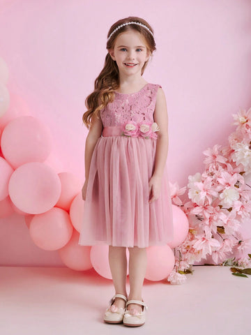 Glamorique Kids Christmas Party Girls Young Girl Dress, Mesh Lace Material Layered Ruffle Skirt, V-Neck With Sash Design