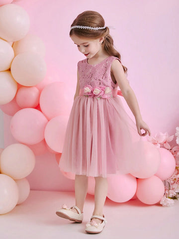 Glamorique Kids Christmas Party Girls Young Girl Dress, Mesh Lace Material Layered Ruffle Skirt, V-Neck With Sash Design