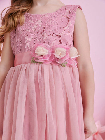 Glamorique Kids Christmas Party Girls Young Girl Dress, Mesh Lace Material Layered Ruffle Skirt, V-Neck With Sash Design