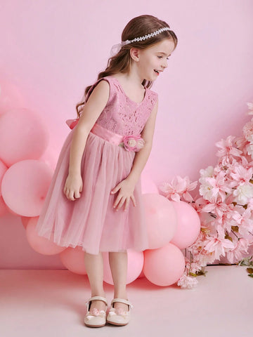 Glamorique Kids Christmas Party Girls Young Girl Dress, Mesh Lace Material Layered Ruffle Skirt, V-Neck With Sash Design