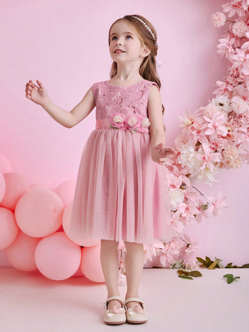 Glamorique Kids Christmas Party Girls Young Girl Dress, Mesh Lace Material Layered Ruffle Skirt, V-Neck With Sash Design