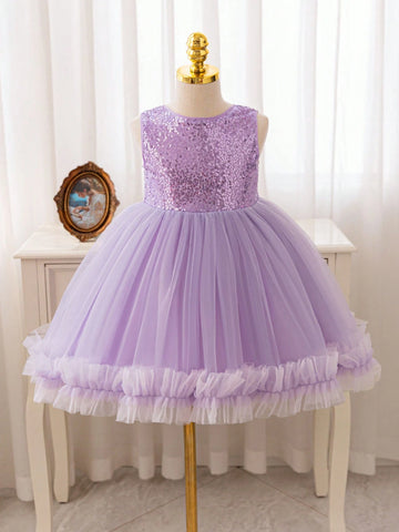 Christmas Party Wear Purple Sequin Tulle Soft Princess Dress