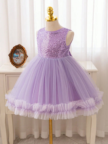 Christmas Party Wear Purple Sequin Tulle Soft Princess Dress