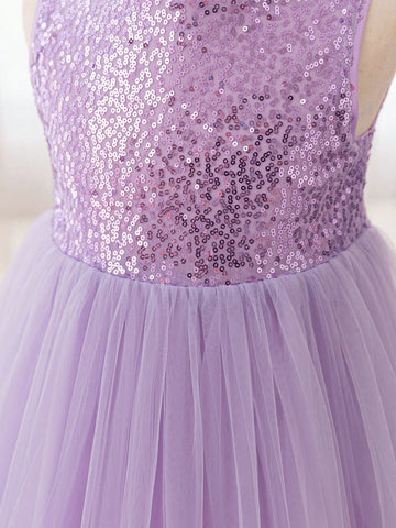 Christmas Party Wear Purple Sequin Tulle Soft Princess Dress