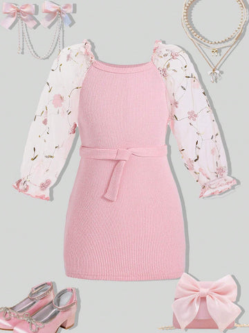 Glamorique Kids Christmas Young Girl Dress, Girls Clothing. Pink Mesh Puff Sleeve Patchwork Knitted Ribbed Belted Dress