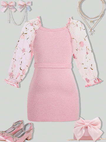 Glamorique Kids Christmas Young Girl Dress, Girls Clothing. Pink Mesh Puff Sleeve Patchwork Knitted Ribbed Belted Dress