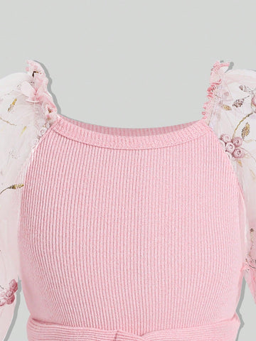 Glamorique Kids Christmas Young Girl Dress, Girls Clothing. Pink Mesh Puff Sleeve Patchwork Knitted Ribbed Belted Dress
