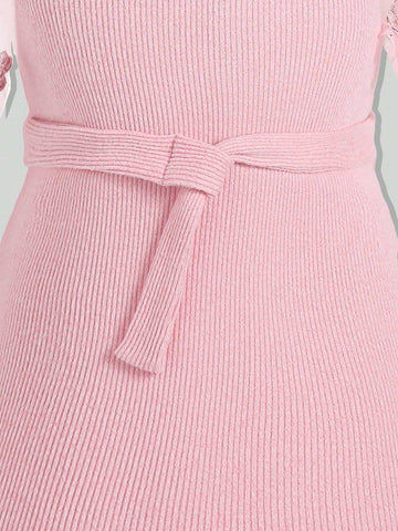 Glamorique Kids Christmas Young Girl Dress, Girls Clothing. Pink Mesh Puff Sleeve Patchwork Knitted Ribbed Belted Dress
