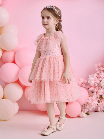 Kids Christmas Young Girl Party Dress, Santa Dress, New Year's Dress, Pink Heart Net Sleeveless Cake Dress