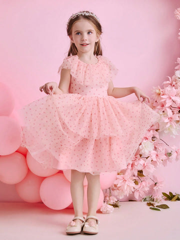 Kids Christmas Young Girl Party Dress, Santa Dress, New Year's Dress, Pink Heart Net Sleeveless Cake Dress
