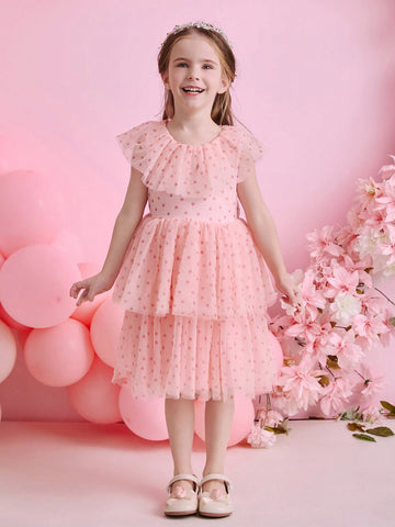 Kids Christmas Young Girl Party Dress, Santa Dress, New Year's Dress, Pink Heart Net Sleeveless Cake Dress