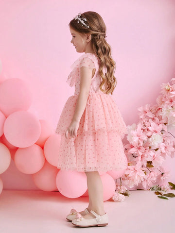 Kids Christmas Young Girl Party Dress, Santa Dress, New Year's Dress, Pink Heart Net Sleeveless Cake Dress