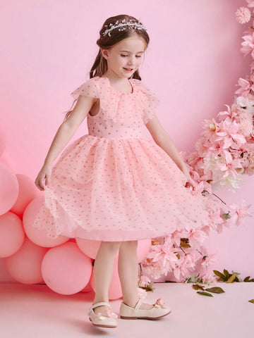 Kids Christmas Young Girl Party Dress, Santa Dress, New Year's Dress, Pink Heart Net Sleeveless Cake Dress