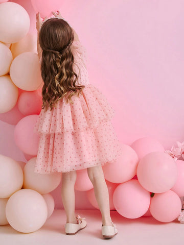 Kids Christmas Young Girl Party Dress, Santa Dress, New Year's Dress, Pink Heart Net Sleeveless Cake Dress