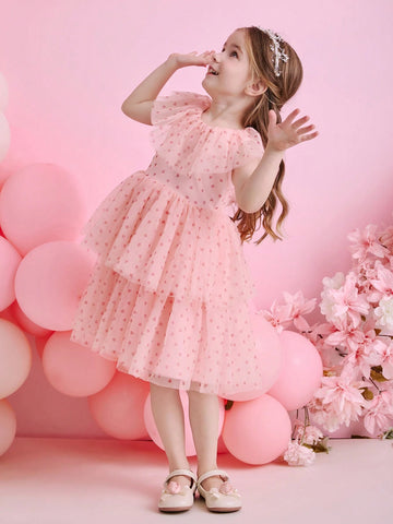 Kids Christmas Young Girl Party Dress, Santa Dress, New Year's Dress, Pink Heart Net Sleeveless Cake Dress