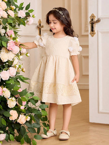 Kids Embossed Young Girl Puff Sleeve Floral Printed Patchwork Ruffle Hem Party Dress