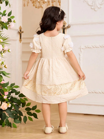 Kids Embossed Young Girl Puff Sleeve Floral Printed Patchwork Ruffle Hem Party Dress