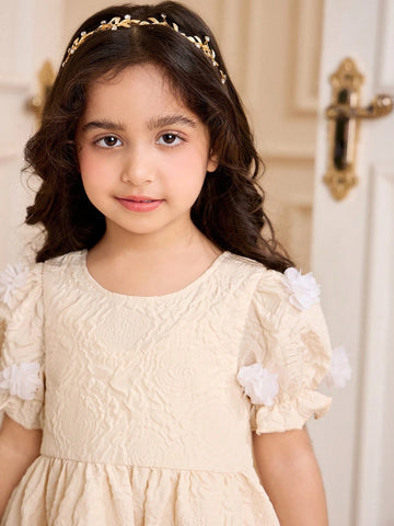 Kids Embossed Young Girl Puff Sleeve Floral Printed Patchwork Ruffle Hem Party Dress