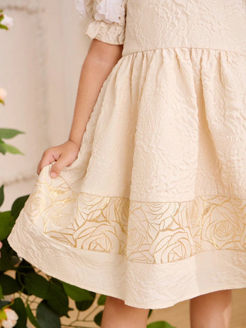 Kids Embossed Young Girl Puff Sleeve Floral Printed Patchwork Ruffle Hem Party Dress