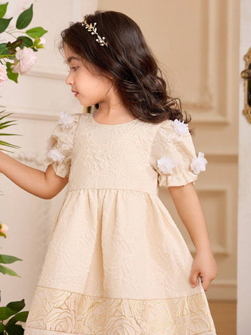 Kids Embossed Young Girl Puff Sleeve Floral Printed Patchwork Ruffle Hem Party Dress
