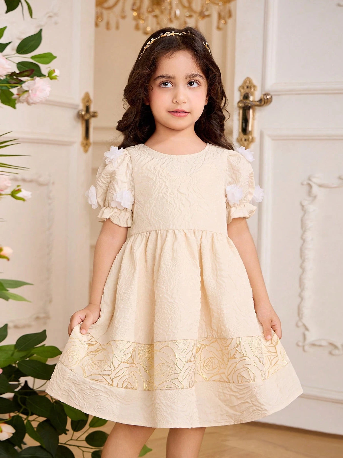 Kids Embossed Young Girl Puff Sleeve Floral Printed Patchwork Ruffle Hem Party Dress