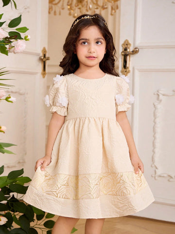 Kids Embossed Young Girl Puff Sleeve Floral Printed Patchwork Ruffle Hem Party Dress