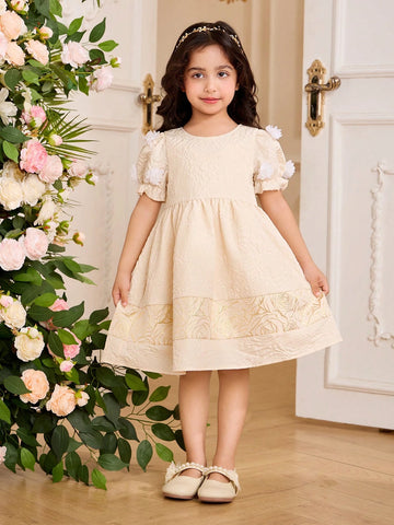 Kids Embossed Young Girl Puff Sleeve Floral Printed Patchwork Ruffle Hem Party Dress