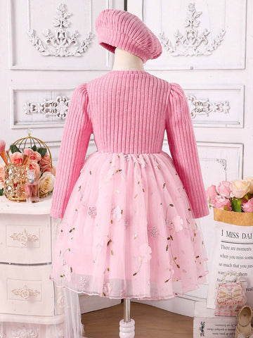 Kids Girls Christmas Dress, Young Girl' Pink Mesh Lace Embroidered Tulle Dress With Pink Cap