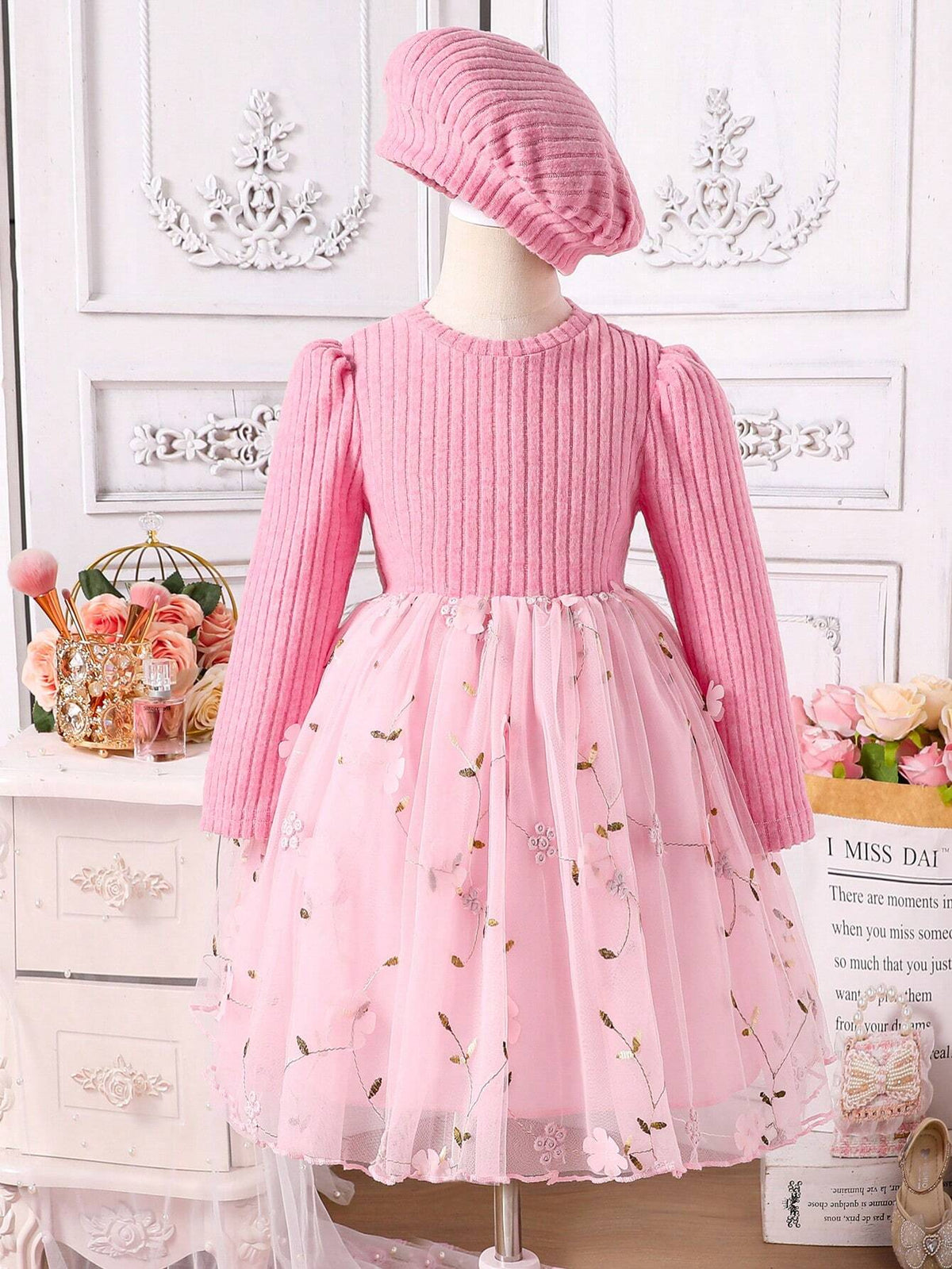 Kids Girls Christmas Dress, Young Girl' Pink Mesh Lace Embroidered Tulle Dress With Pink Cap