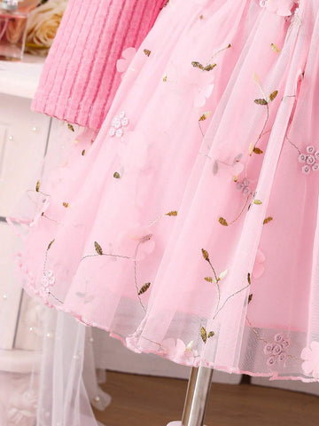 Kids Girls Christmas Dress, Young Girl' Pink Mesh Lace Embroidered Tulle Dress With Pink Cap