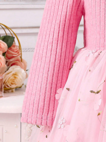 Kids Girls Christmas Dress, Young Girl' Pink Mesh Lace Embroidered Tulle Dress With Pink Cap