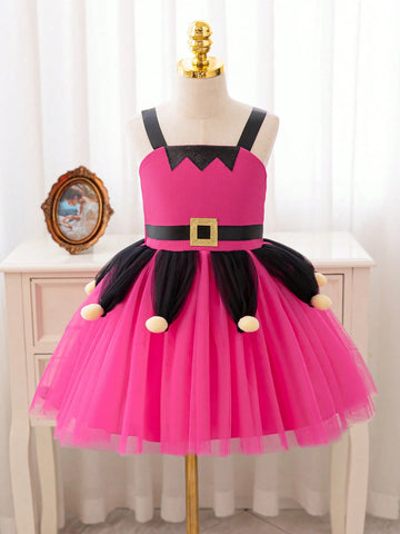 Kids Girls Christmas Party Dress, Princess Floral Net Yarn Spaghetti Strap Dance Party Pageant Dress